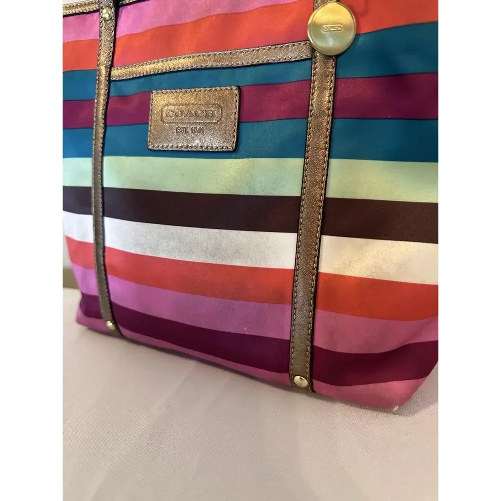 VTG Coach Tote Bag Medium Multicolor Satin Stripe Shoulder Zip Leather Trim Y2K